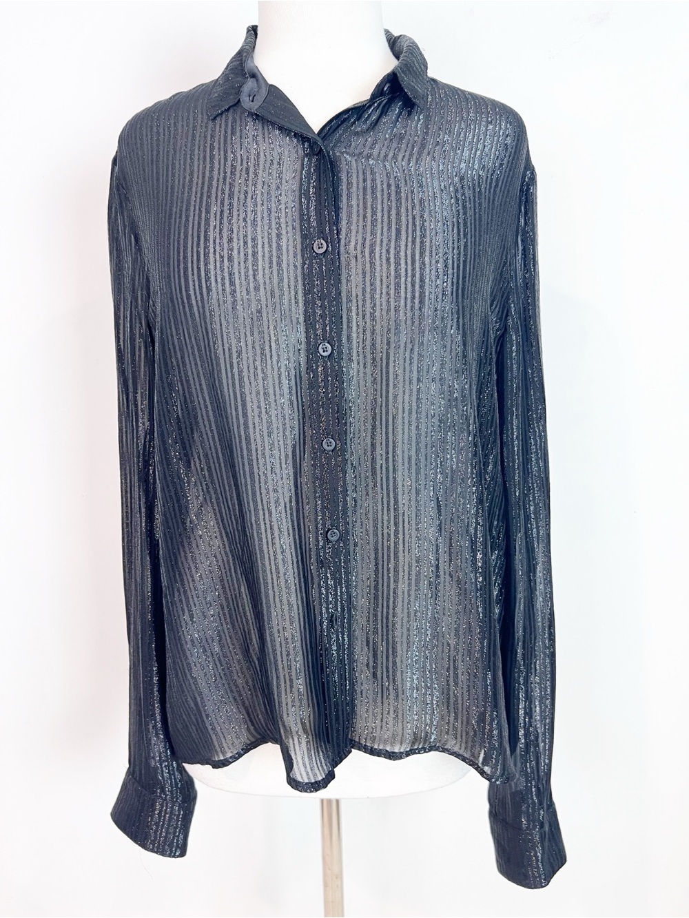RtA ROAD TO AWE BLYTHE BLACK TONAL STRIPE SHEER LONG SLEEVE SHIMMERY BLOUSE XL